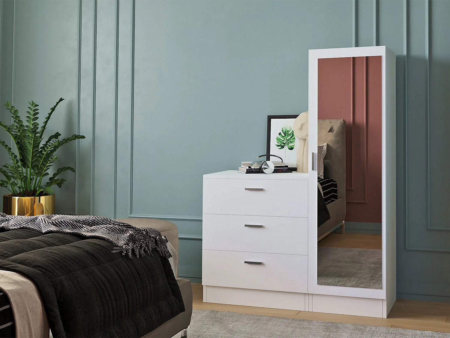 Komoda z 3 szufladami z szafką i lustrem – Biały – VITORIO 623885