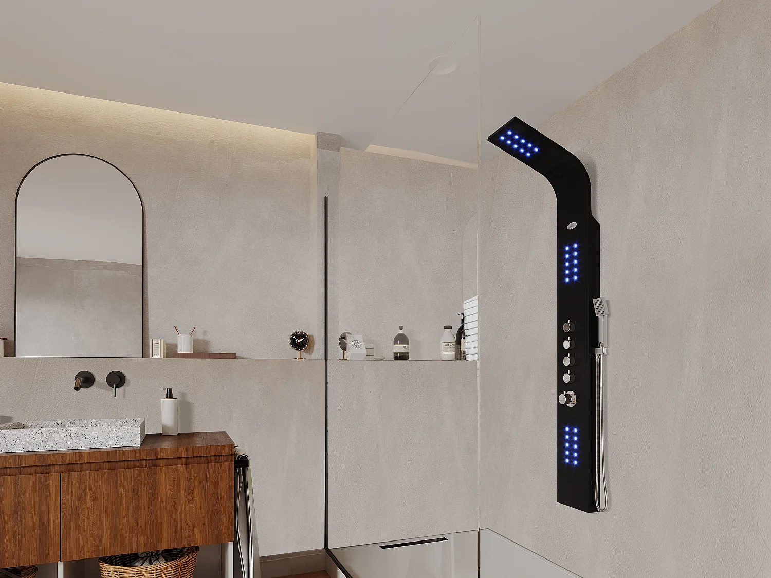 Panel prysznicowy z hydromasażem termostatycznym z diodami LED FELICITA – 20*165cm – Czarny 88081