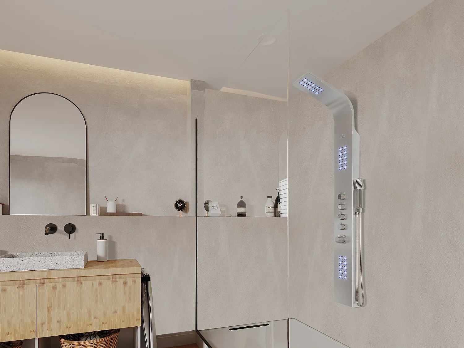 Panel prysznicowy z hydromasażem termostatycznym z diodami LED FELICITA – 20*165cm – Srebrny 10383