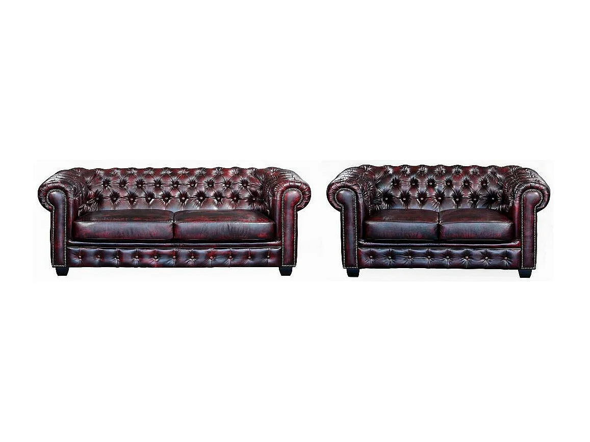 Komplet wypoczynkowy typu chesterfield 3+2 BRENTON 100% skóry bawolej – Kolor: cherry 66628
