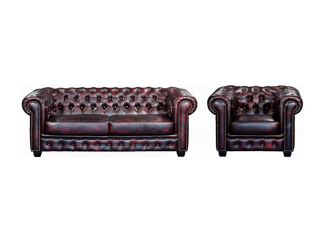 Kanapa BRENTON w stylu chesterfield 3+1 ze 100% bawolej skóry – Kolor wiśniowy 66596 - obrazek 1