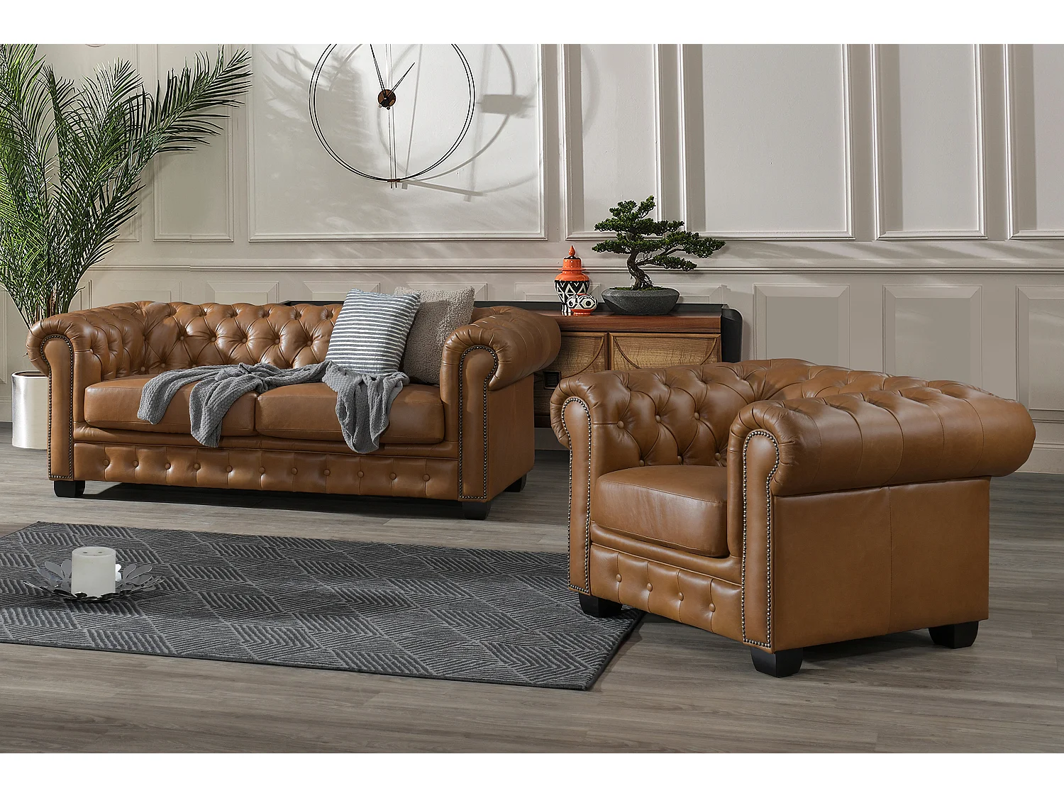 Komplet wypoczynkowy typu chesterfield 3+1BRENTON 100% skóry bawolej – Kolor: karmelowy vintage 199685
