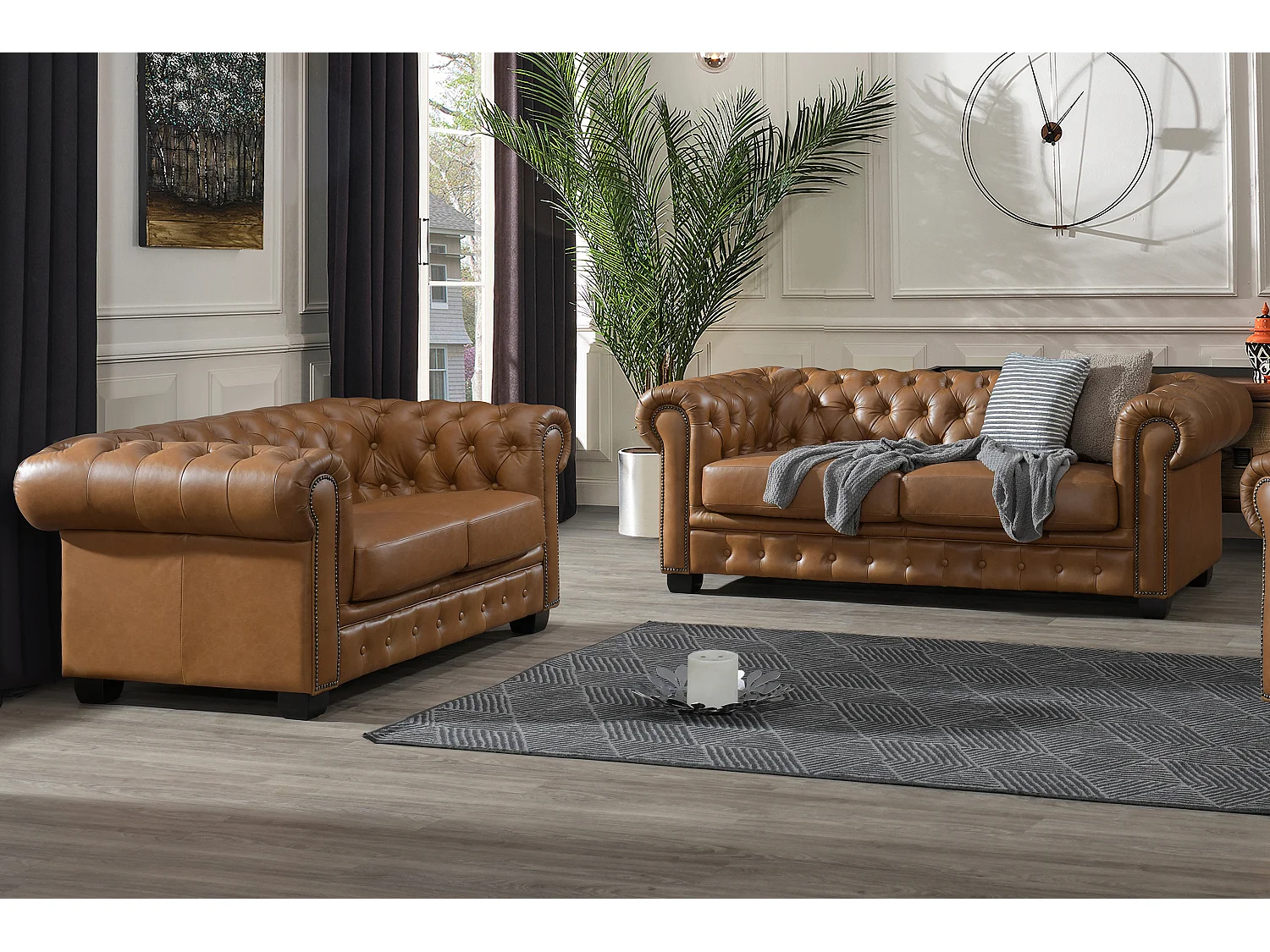 Komplet wypoczynkowy typu chesterfield 3+2 BRENTON 100% skóry bawolej – Kolor: karmelowy vintage 199687