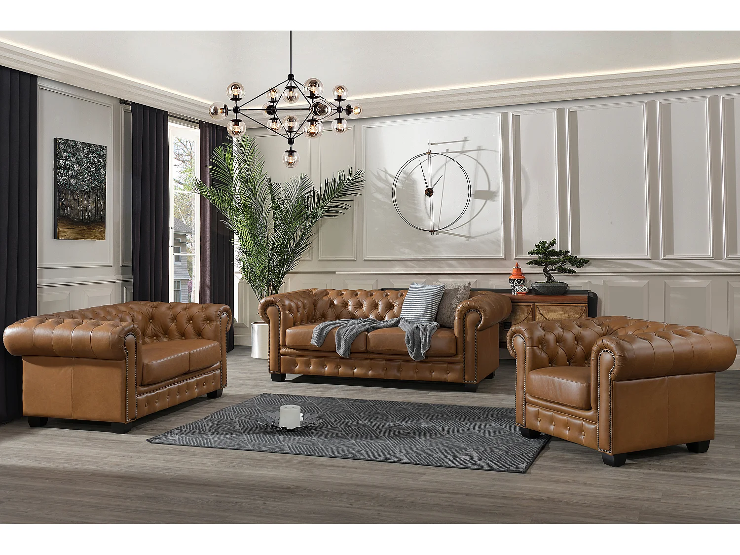 Komplet wypoczynkowy typu chesterfield 3+2+1 BRENTON 100% skóry bawolej – Kolor: karmelowy vintage 199689
