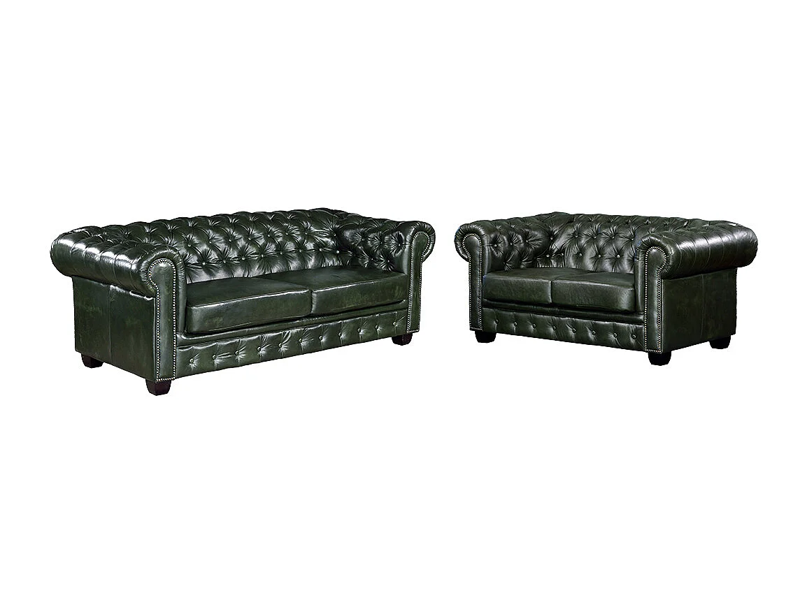 Komplet wypoczynkowy typu chesterfield 3+2 BRENTON 100% skóry bawolej - Kolor: zieleń cesarska 82111 - obrazek 1