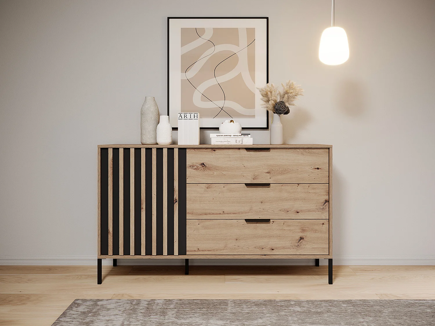 Komoda 1-drzwiowa z 3 szufladami – Naturalny i czarny – ARIADA 783309