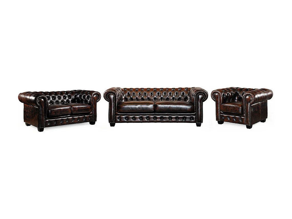 Komplet wypoczynkowy typu chesterfield 3+2+1 BRENTON 100% skóry bawolej - Kolor: brązowy z kasztanowymi refleksami 87541 - obrazek 1
