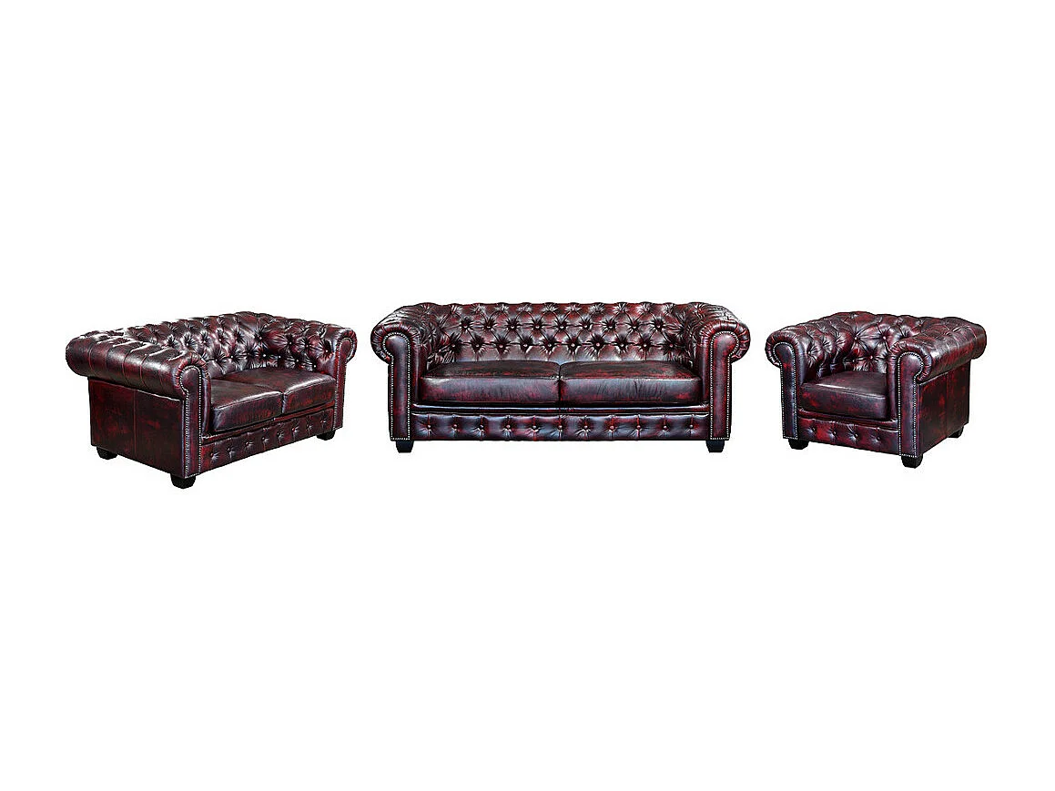 Komplet wypoczynkowy typu chesterfield 3+2+1 BRENTON 100% skóry bawolej – Kolor: cherry 87545