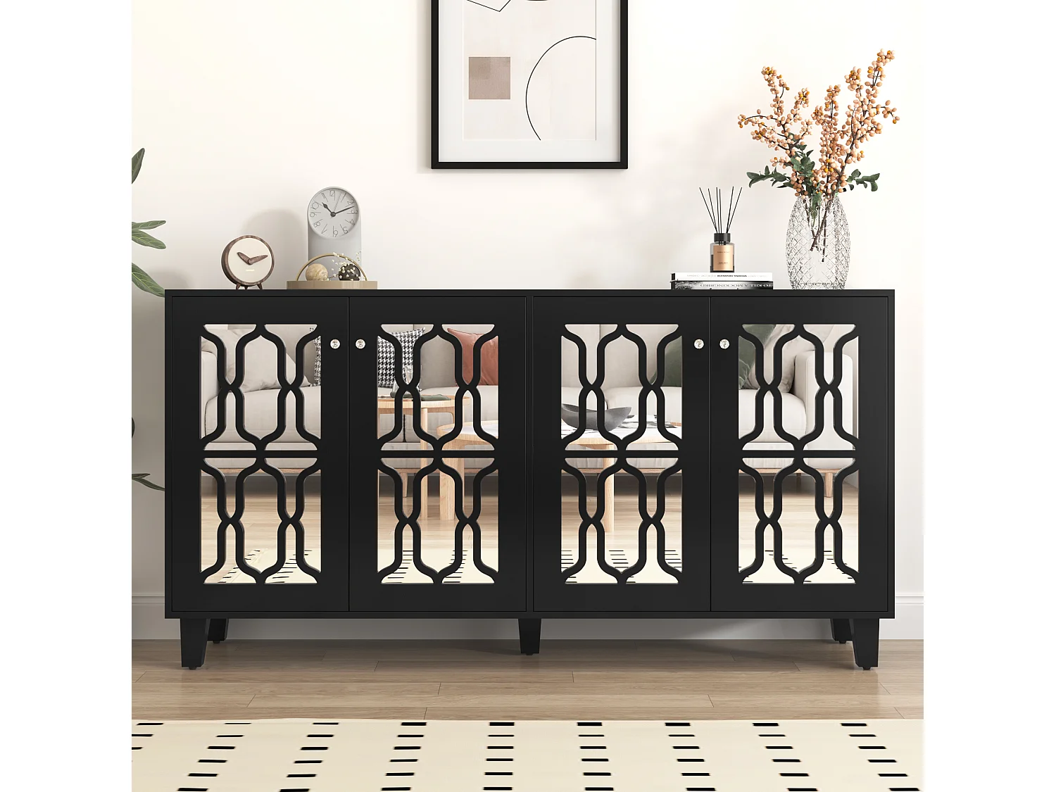 Komoda z 4 lustrzanymi drzwiami MDF - regulowana półka - kolor czarny 1721661 - obrazek 1
