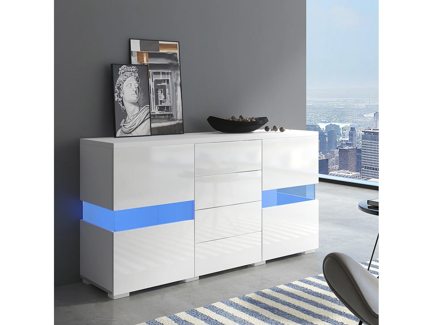 Komoda z 2 drzwiami i 4 szufladami z płyty MDF i akrylu - z diodami LED - lakierowana na biało 1721697 - obrazek 1