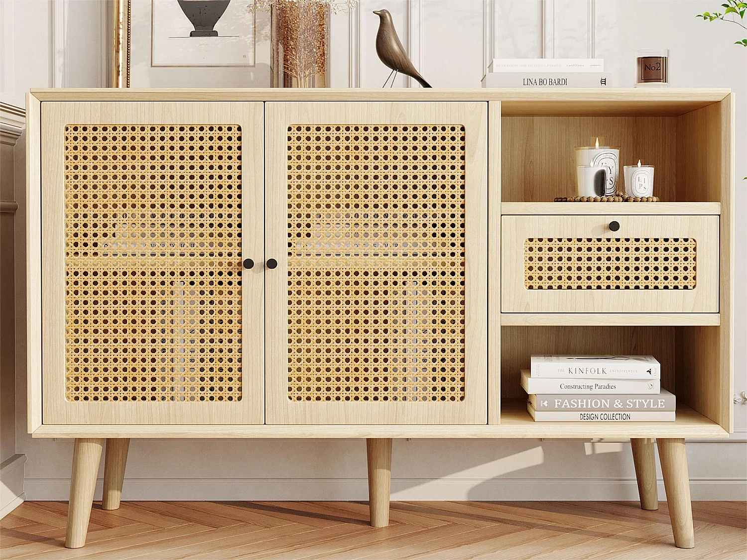 Komoda z 2 drzwiami, 1 szufladą i 2 wnękami z płyty MDF - efekt rattanu - kolor naturalny 1721663 - obrazek 1
