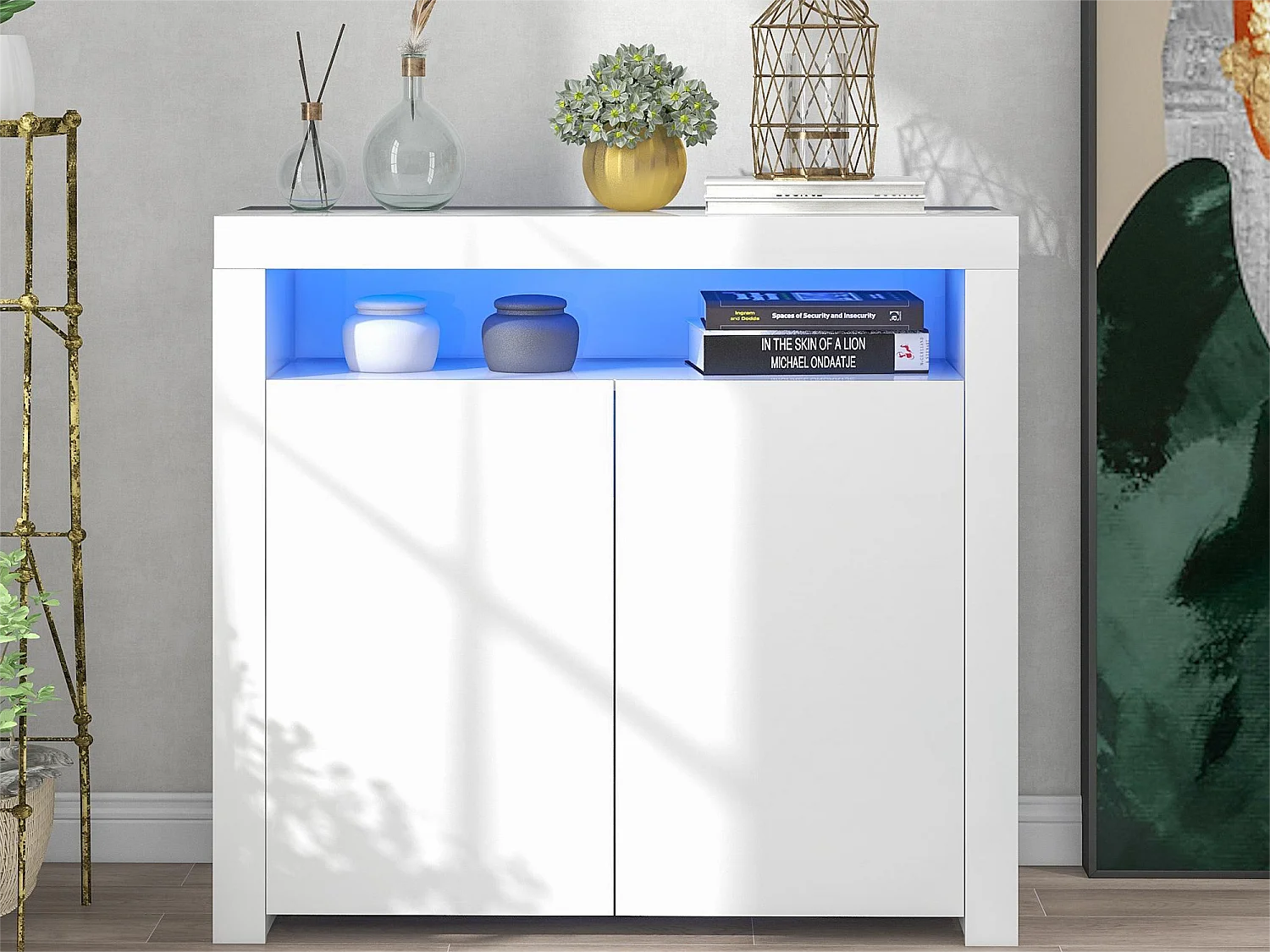 Komoda z 2 drzwiami i 2 półkami z płyty MDF - z diodami LED - lakierowana na biało 1721683 - obrazek 1