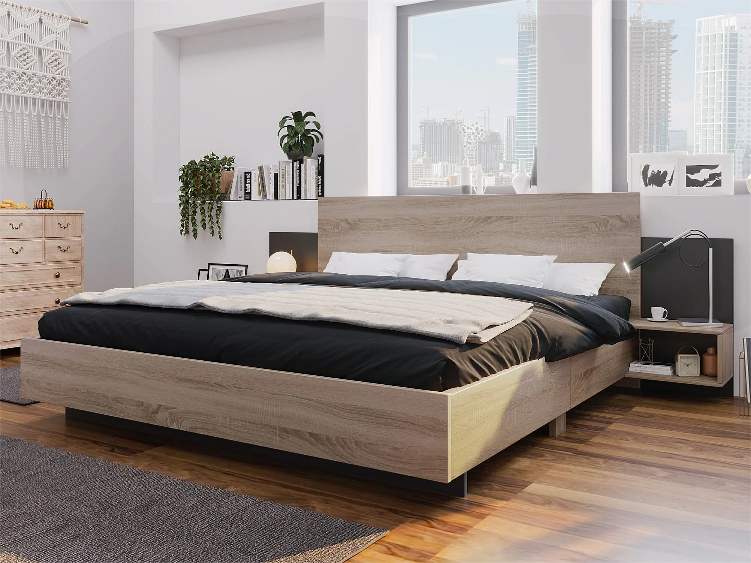 Komplet łóżkowy z szafkami nocnymi 160 x 200 cm + stelaż - drewno lite - Kolory: naturalny i antracyt 1774635 - obrazek 1
