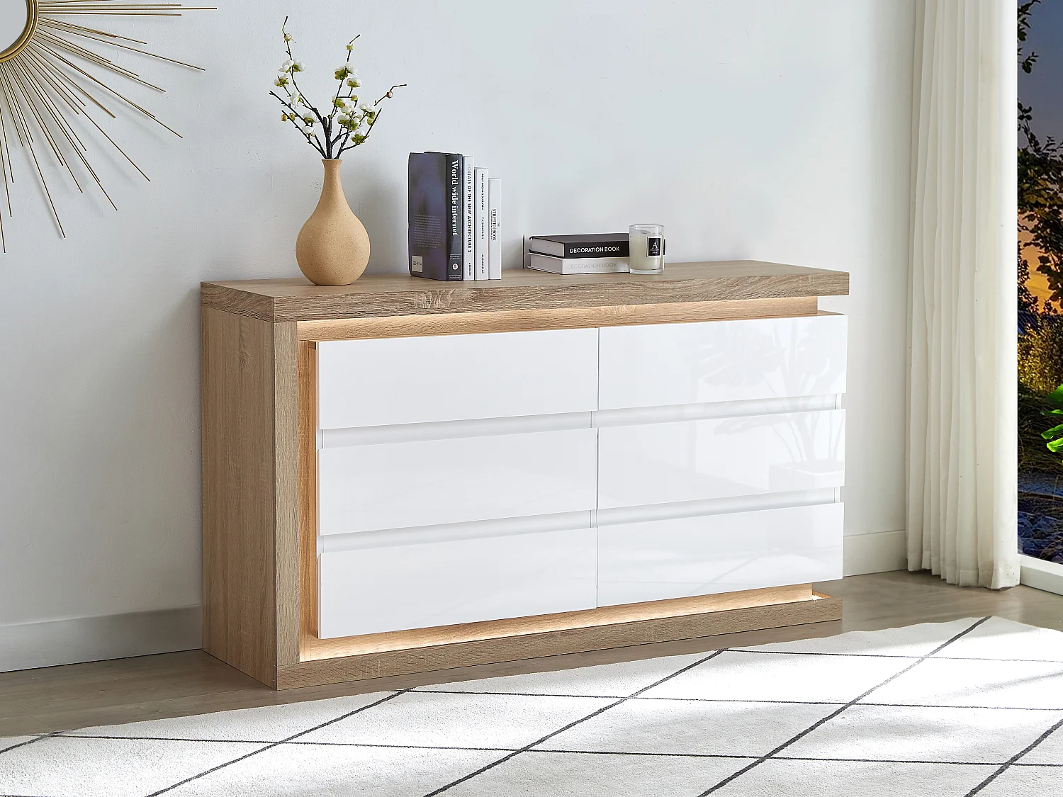 Komoda z 6 szufladami - Z oświetleniem LED - MDF - Biały lakierowany i naturalny - FLARANCIA 895925 - obrazek 1