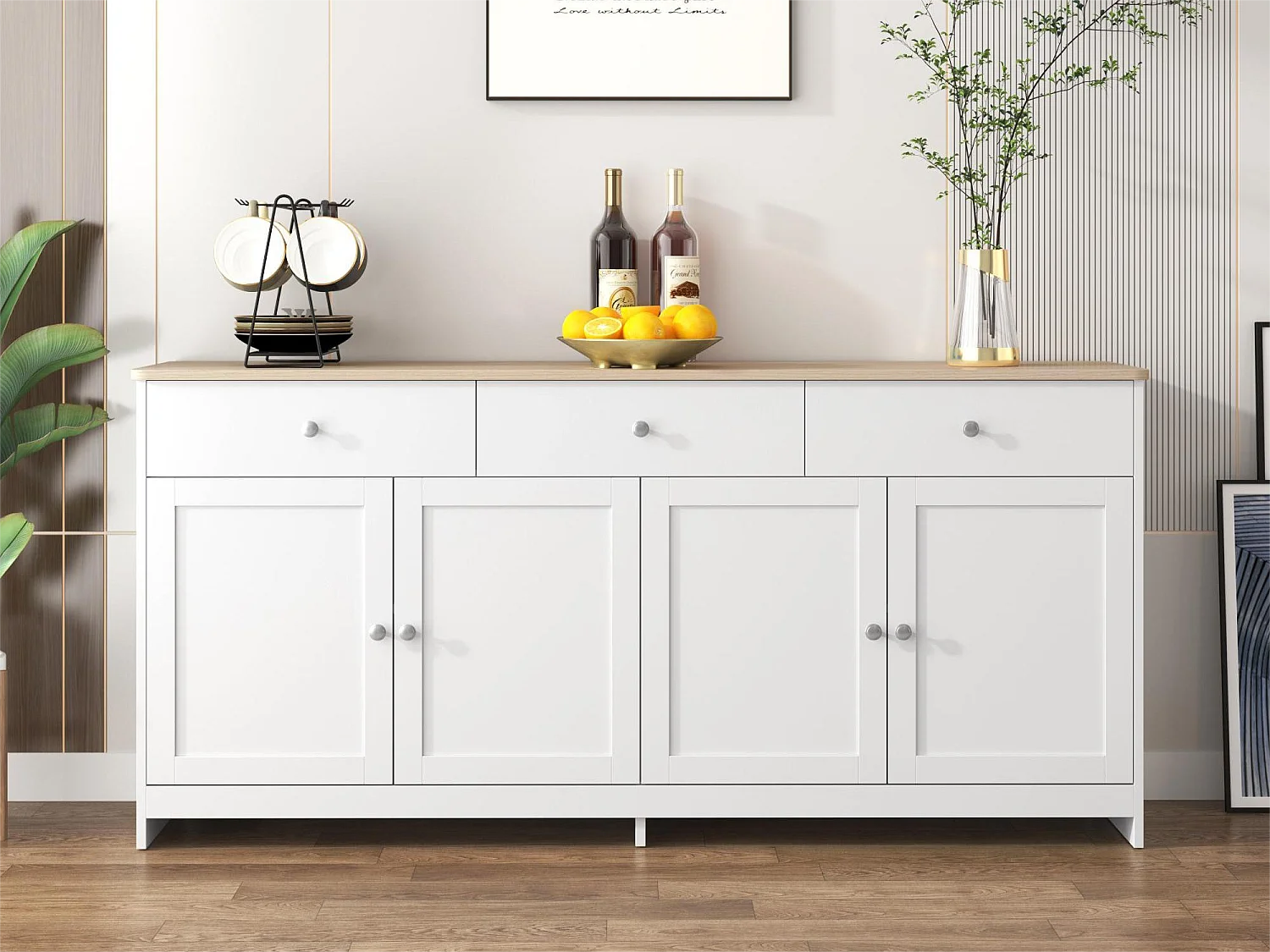 Komoda niska z 4 drzwiami i 3 szufladami - drewno MDF - dąb i biały dekor - do salonu lub kuchni - 160 x 37 x 75 cm 1986039 - obrazek 1