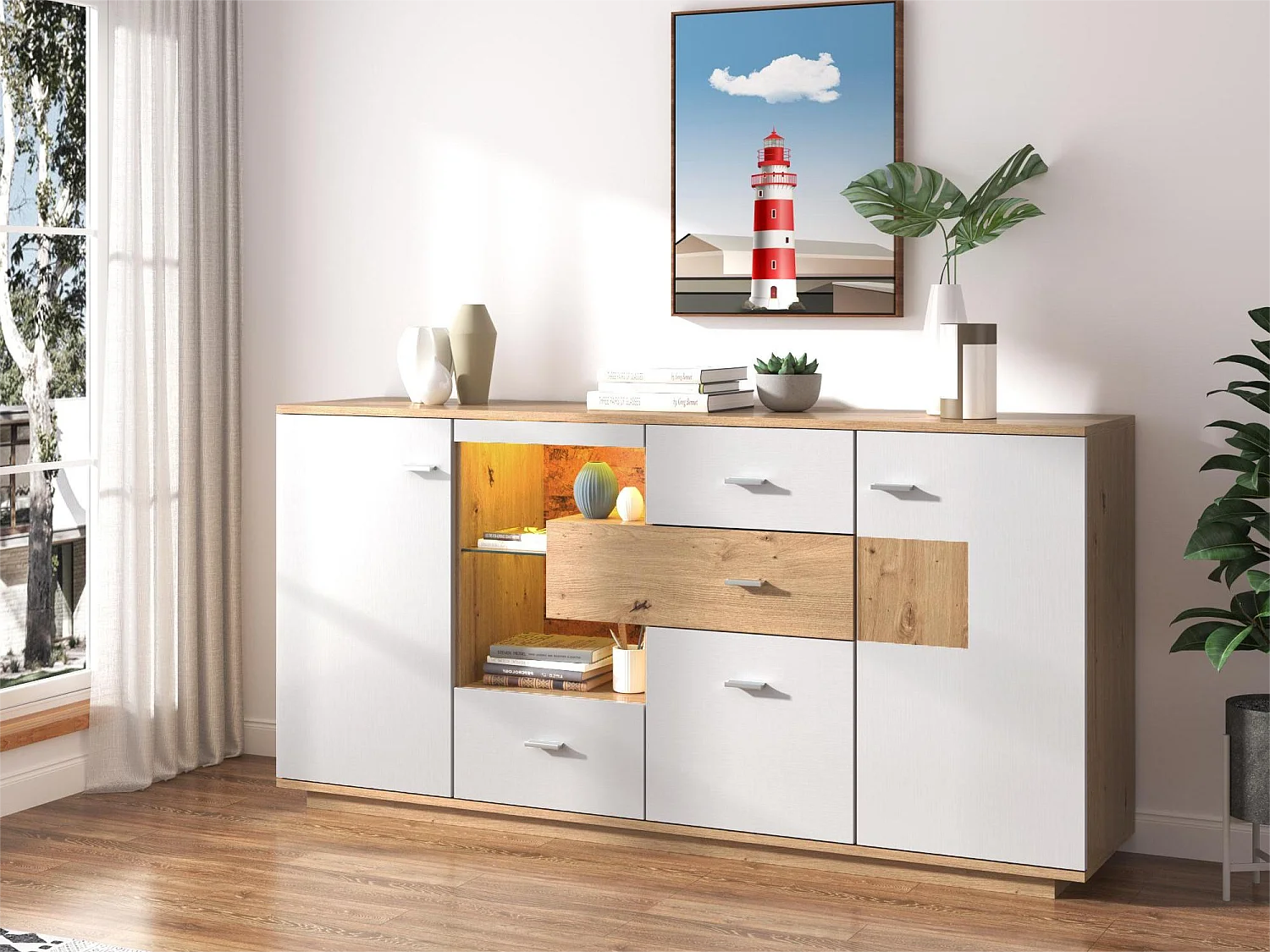 Komoda z 2 drzwiami i 4 szufladami - półka szklana - diody LED - kolory: biały i dąb - 160x40x77cm 1986053 - obrazek 1