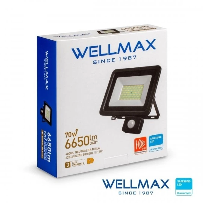 Naświetlacz LED 70W 95lm/W 6650lm IP54 Neutralna 4000K z czujnikiem ruchu SAMSUNG / GOL1FLN070P - obrazek 1