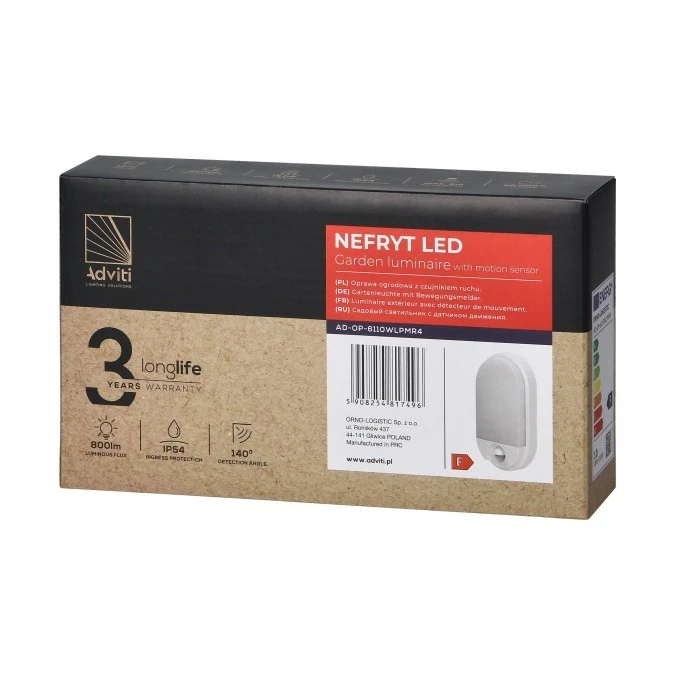 NEFRYT LED 10W, oprawa ogrodowa z czujnikiem ruchu 140st, 800lm, IP54, 4000K, biała,AD‑OP‑6110WLPMR4 - obrazek 2