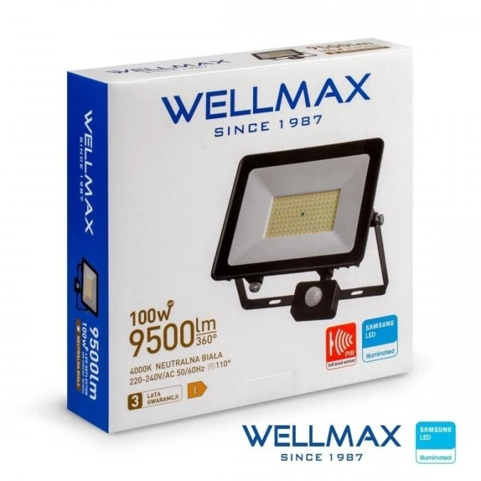 Naświetlacz LED 100W 95lm/W 9500lm IP54 Neutralna 4000K z czujnikiem ruchu SAMSUNG / GOL1FLN100P - obrazek 1