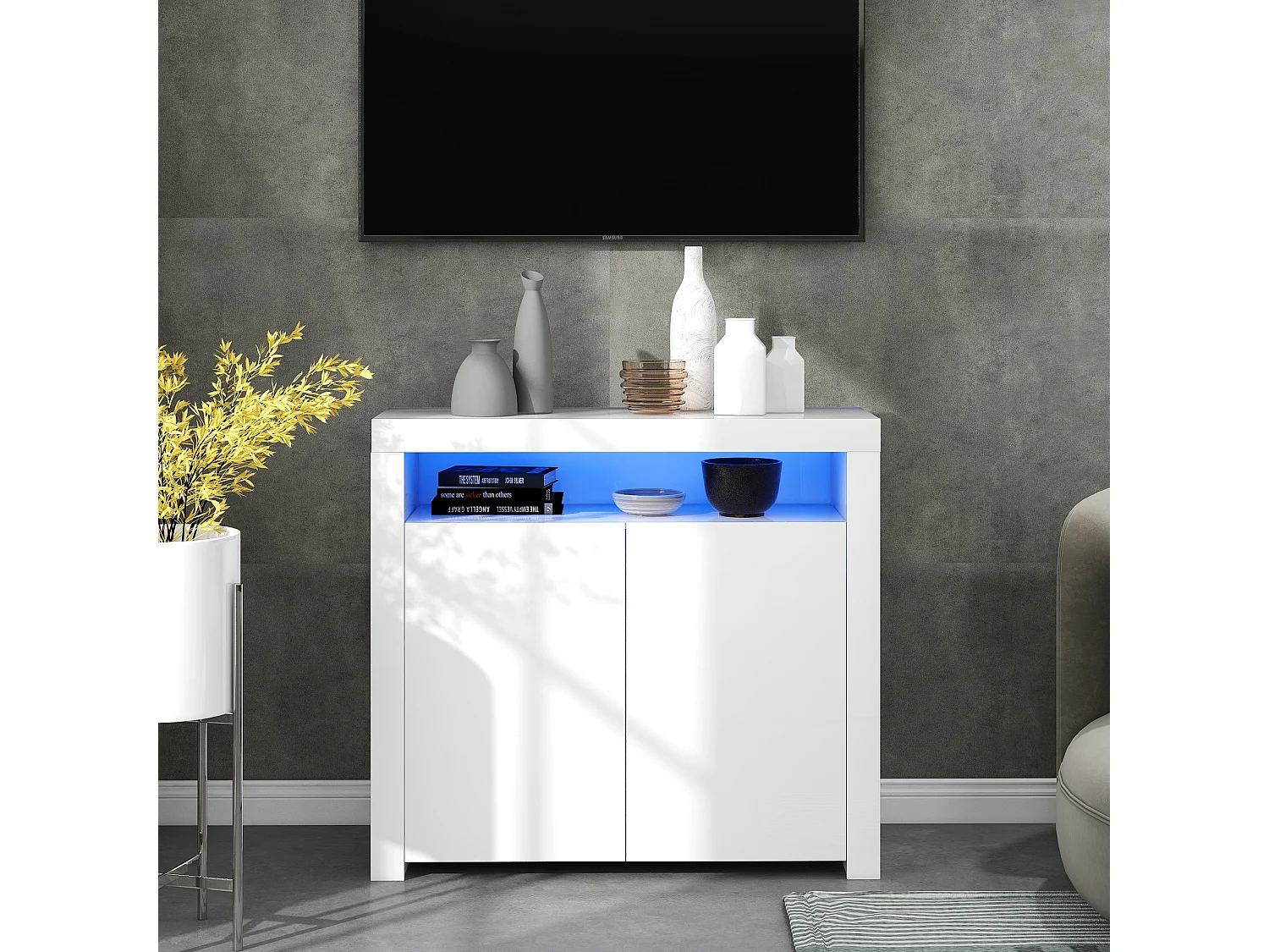 Komoda niska w połyskującej bieli z 2 drzwiami i 1 wnęką - LED-y - Płyta wiórowa - do kuchni salonu - 120 x 40 x 60,5 cm 2582961 - obrazek 1