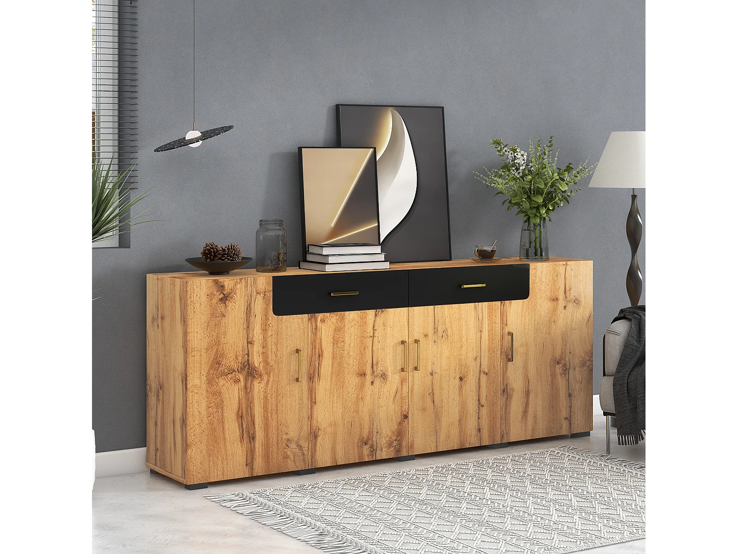 Komoda z 2 szufladami i 4 drzwiami - 208 x 39,5 x 80 cm - imitacja drewna - do kuchni lub salonu - kolor czarny i dębowy 2582973 - obrazek 1