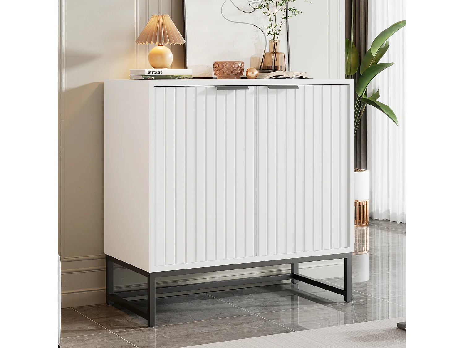 Komoda z 2 drzwiami - uchwyty i nogi metalowe - do salonu, przedpokoju i jadalni - Kolor: biały - 80 x 40 x 80 cm 2583011 - obrazek 1