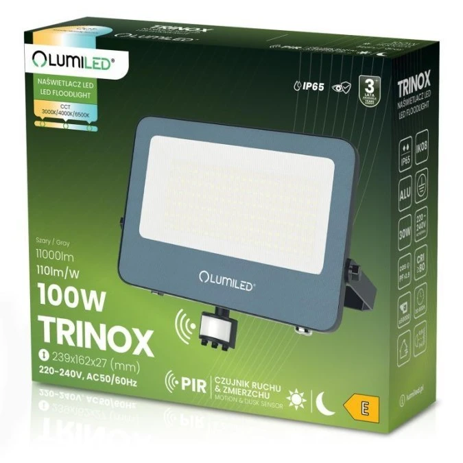Naświetlacz LED LUMILED TRINOX 100W 11000lm CCT IP65 Szary Czujnik Ruchu i Zmierzchu Klasa E 3 Lata Gwarancji - obrazek 3