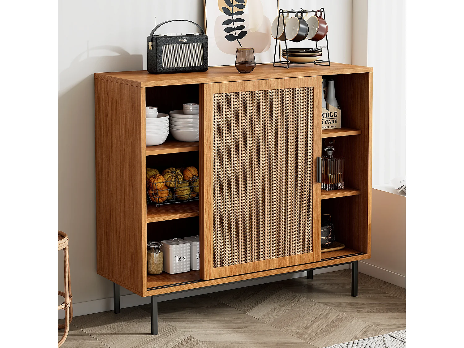 Komoda z 2 drzwiami przesuwnymi i regulowaną półką - 100 x 90 x 37 cm - Płyta wiórowa - Orzech 2897426 - obrazek 1