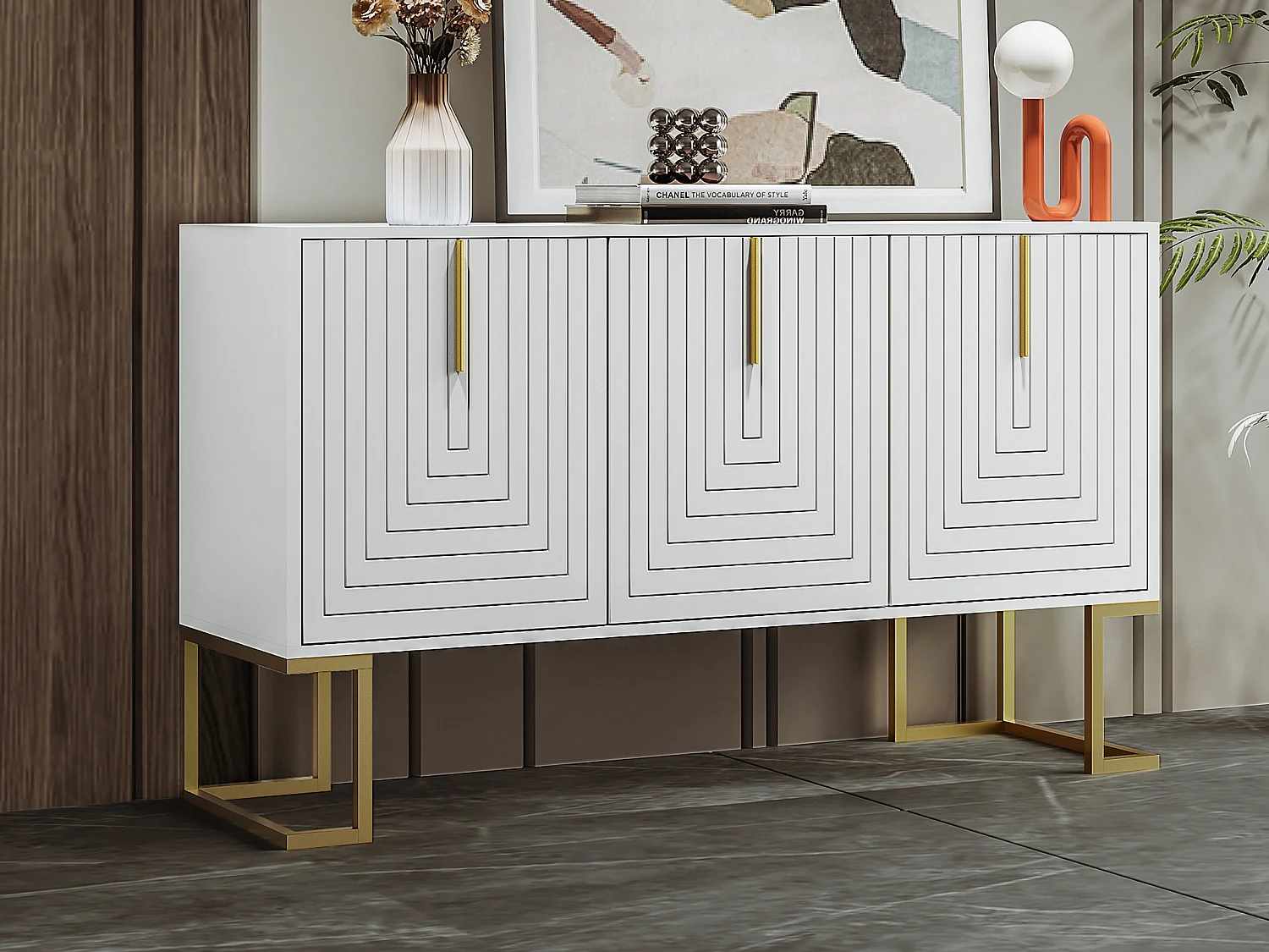 Komoda niska z 3 drzwiami i regulowanymi półkami - 138x40x80,5cm - drewno MDF i metal złoty - biały 3172303 - obrazek 1