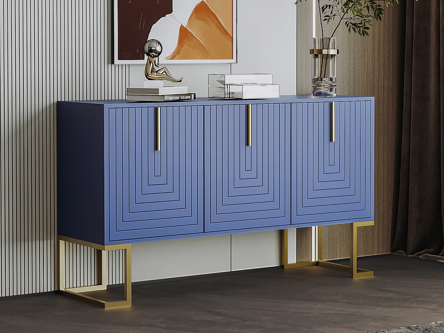 Komoda niska z 3 drzwiami i regulowanymi półkami - 138x40x80,5cm - drewno MDF i metal złoty - niebieski 3172310 - obrazek 1