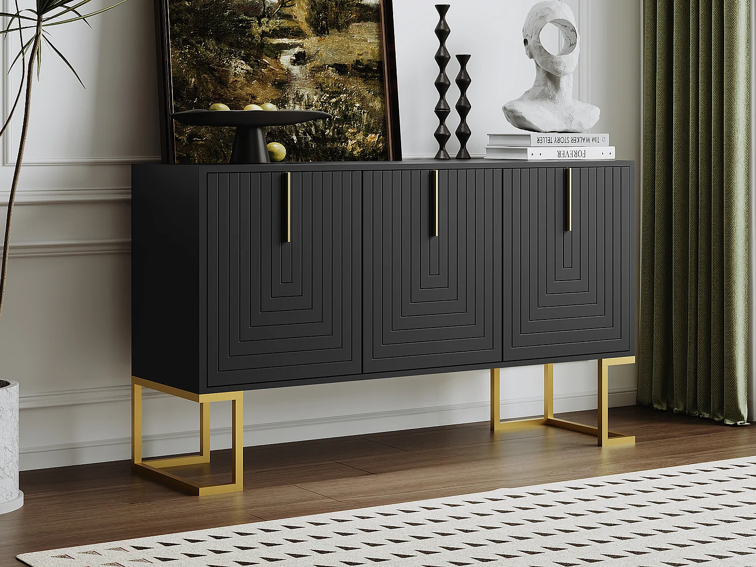 Komoda niska z 3 drzwiami i regulowanymi półkami - 138x40x80,5cm - drewno MDF i metal złoty - czarny 3172312 - obrazek 1