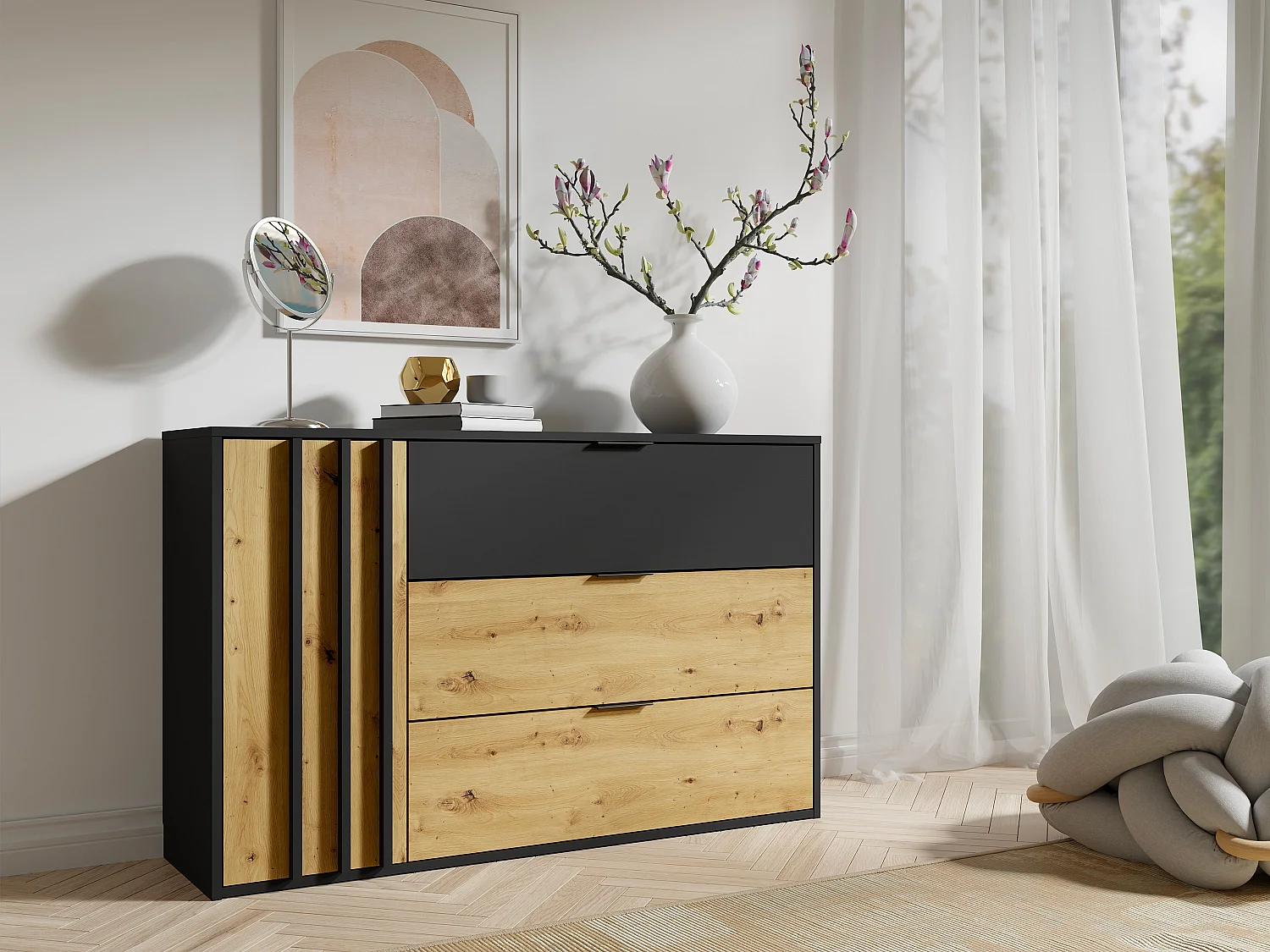 Komoda z 3 szufladami 1-drzwiowa – Czarna i naturalna – TUNALO 2755595 - obrazek 1