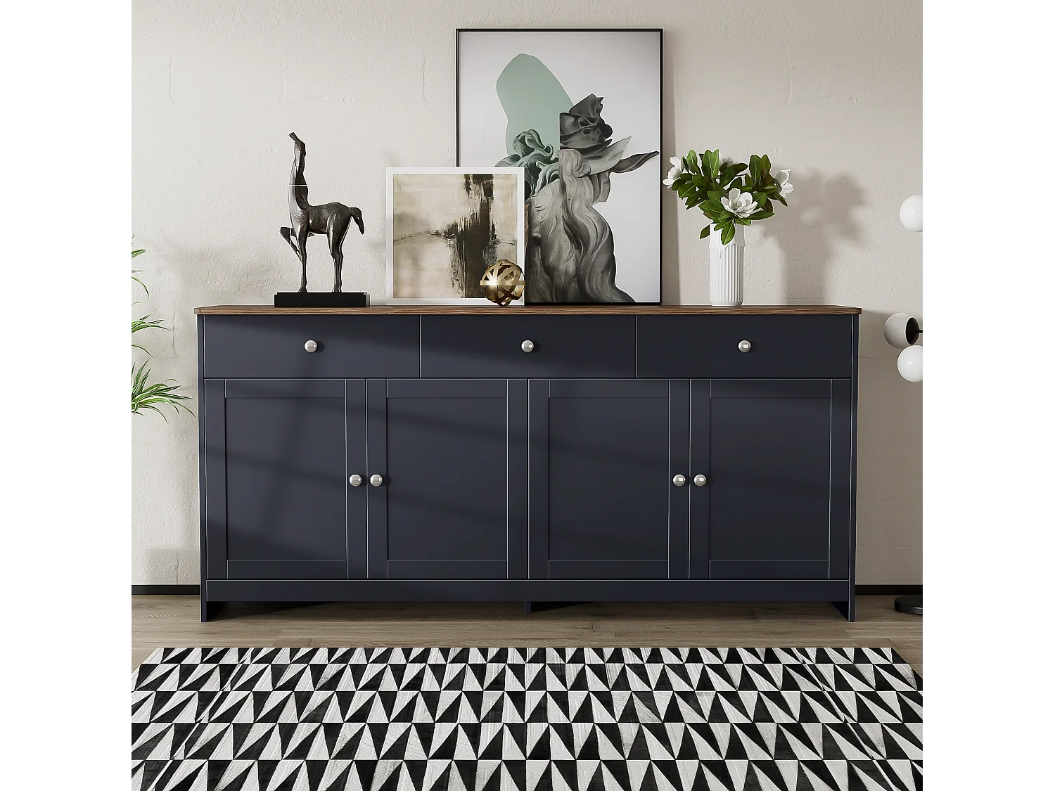Komoda niska z 4 drzwiami i 3 szufladami do salonu - 160 dł. x 37 szer. x 75 wys. cm - drewno MDF - drewno i czarny szary 3285070 - obrazek 1