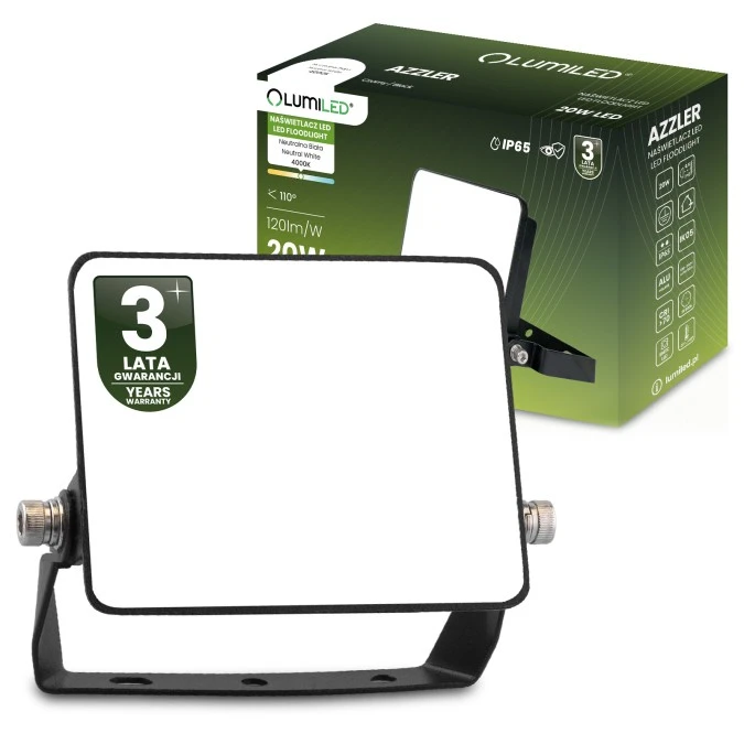 Naświetlacz LED AZZLER 20W 2400lm 4000K IP65 Halogen Zewnętrzny Lampa Czarny LUMILED - obrazek 1