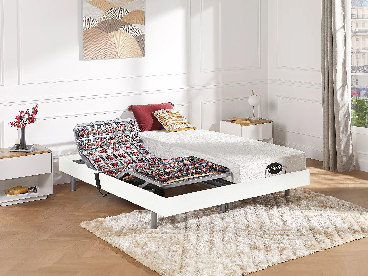 Komplet relaksacyjny całość z płytek+pamięć kształtu ciała i bambus LYSIS III marki NATUREA - silniki OKIN - 2 x 80 x 200 cm - biały 83838 - obrazek 1