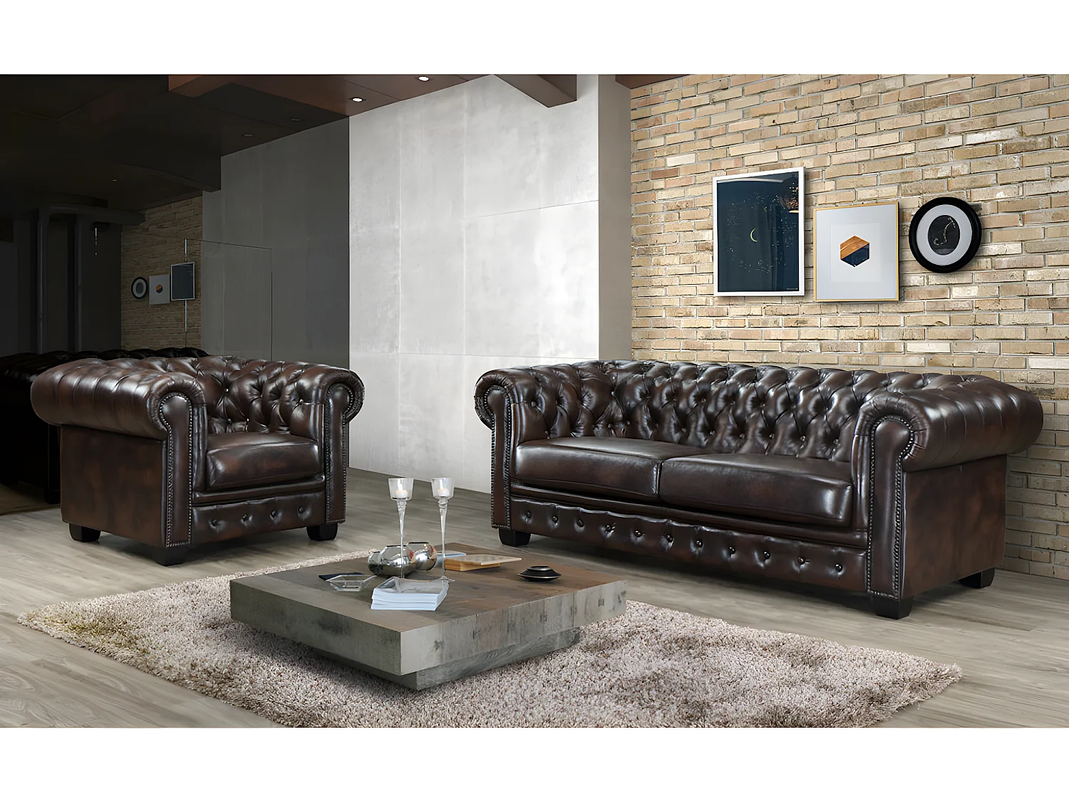 Komplet wypoczynkowy typu chesterfield 3+1BRENTON 100% skóry bawolej - Kolor: brązowy z kasztanowymi refleksami 66626 - obrazek 1