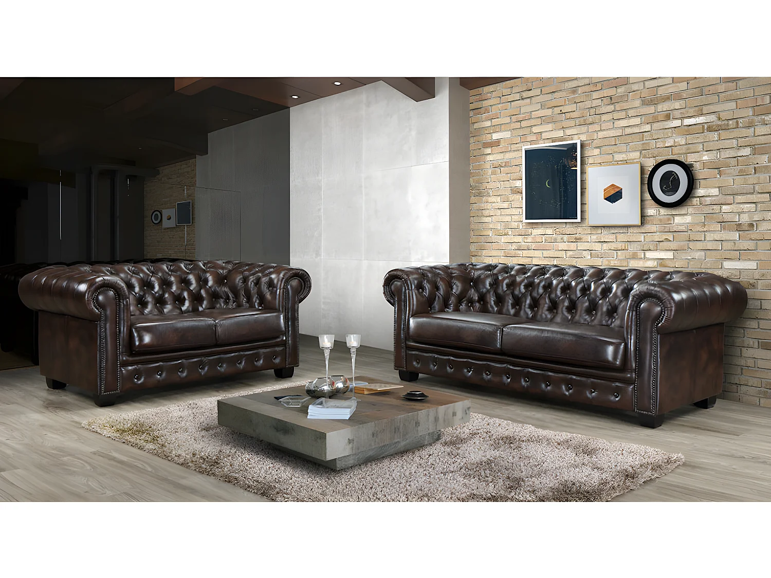 Komplet wypoczynkowy typu chesterfield 3+2 BRENTON 100% skóry bawolej - Kolor: brązowy z kasztanowymi refleksami 66627 - obrazek 1