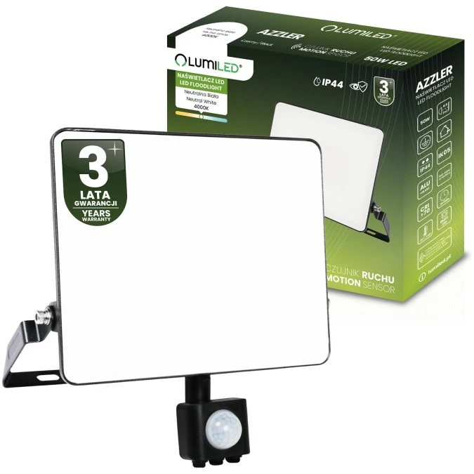 Naświetlacz LED AZZLER 50W 6000lm 4000K IP44 Halogen Zewnętrzny Lampa z Czujnikiem Ruchu Czarny LUMILED - obrazek 1