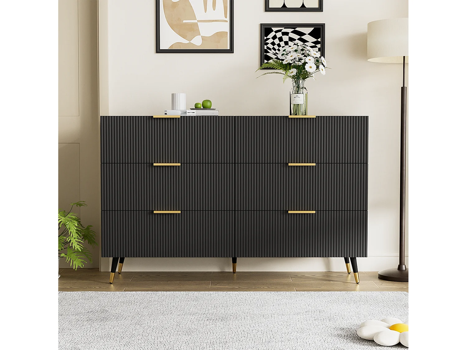 Komoda, kredens z 6 szufladami - 120 x 40 x 77 cm - Płyta wiórowa - Złote uchwyty i nogi - Czarny 3330415 - obrazek 1