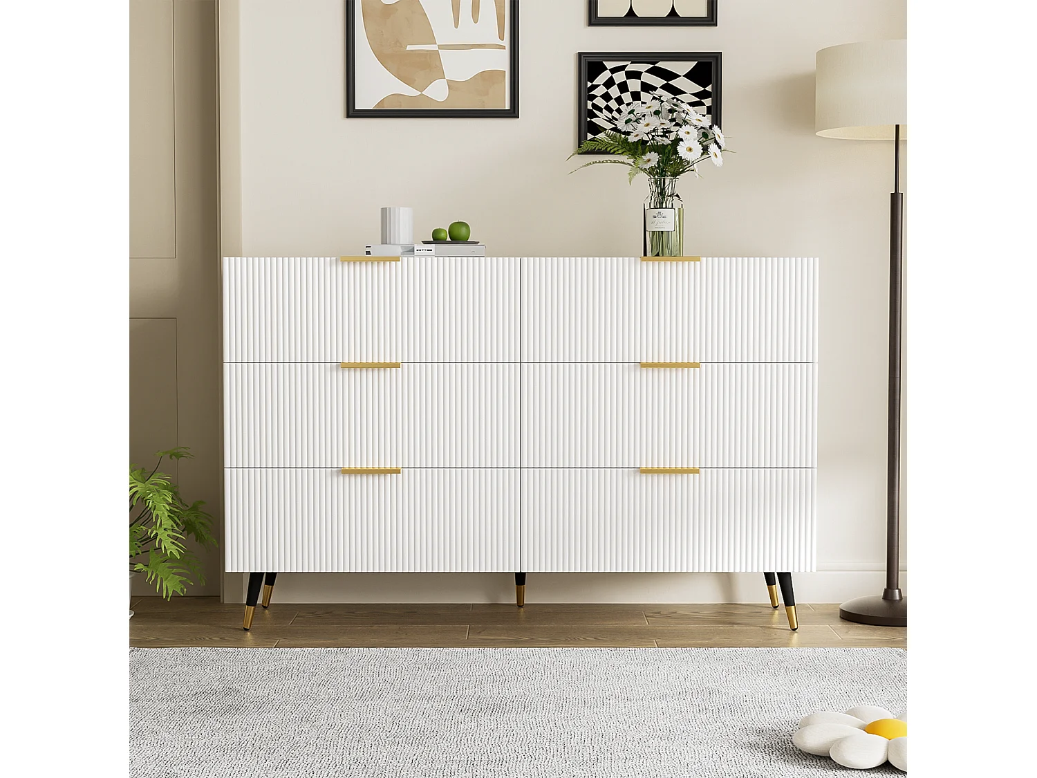 Komoda, kredens z 6 szufladami - 120 x 40 x 77 cm - Płyta wiórowa - Złote uchwyty i nogi - Biały 3330421 - obrazek 1