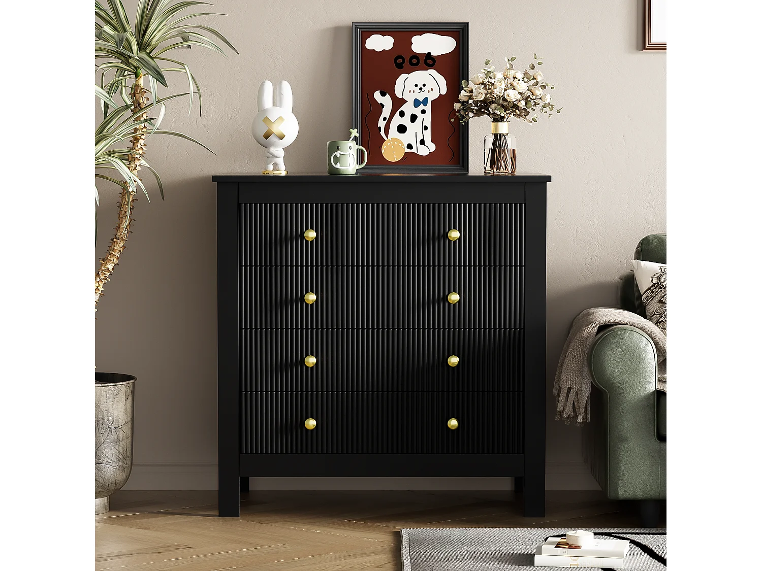 Komoda, kredens z 5 szufladami - Uchwyty złote - 79 x 38,5 x 80,5 cm - Płyta wiórowa - Czarny 3330423 - obrazek 1