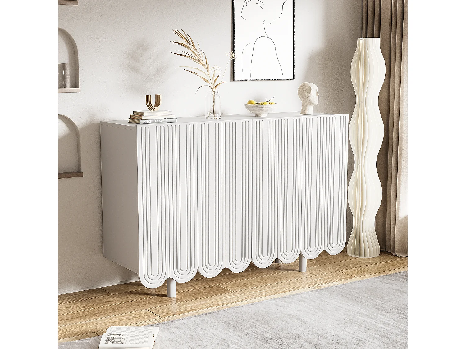 Komoda z 4 drzwiami profilowanymi - 120 x 37,5 x 80,8 cm - Płyta wiórowa - Kształt łzy - Biały 3330426 - obrazek 1