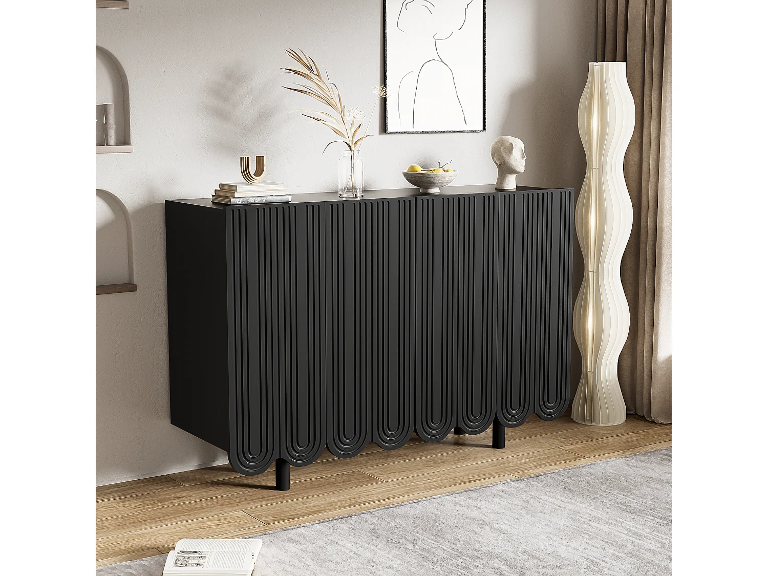 Komoda z 4 drzwiami profilowanymi - 120 x 37,5 x 80,8 cm - Płyta wiórowa - Kształt łzy - Czarny 3330427 - obrazek 1