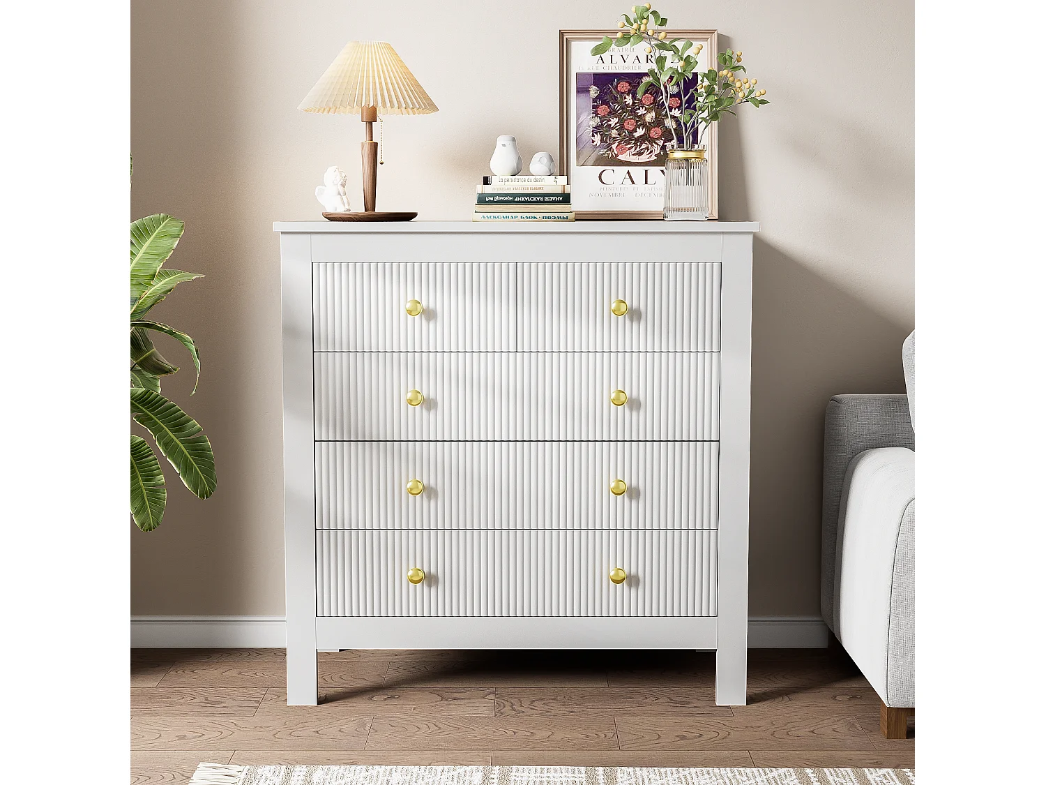 Komoda, kredens z 5 szufladami - Uchwyty złote - 79 x 38,5 x 80,5 cm - Płyta wiórowa - Biały 3330424 - obrazek 1