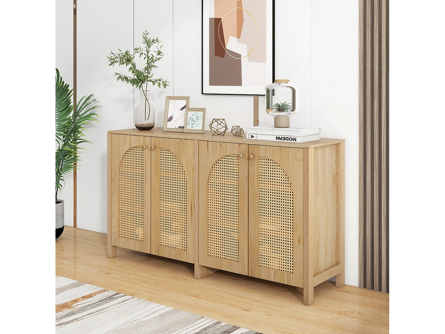 Komoda z 4 drzwiami rattanowymi - 145 x 40 x 80 cm - drewno MDF i płyta wiórowa - kolor naturalny 3430020 - obrazek 1