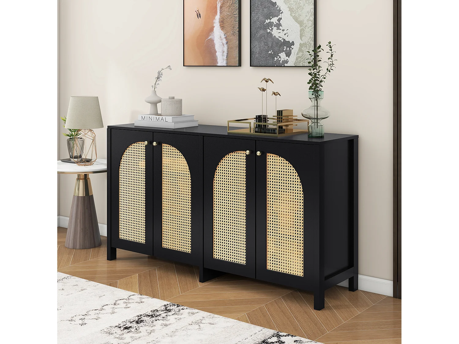 Komoda z 4 drzwiami rattanowymi - 145 x 40 x 80 cm - drewno MDF i płyta wiórowa - kolor czarny + dąb 3430021 - obrazek 1