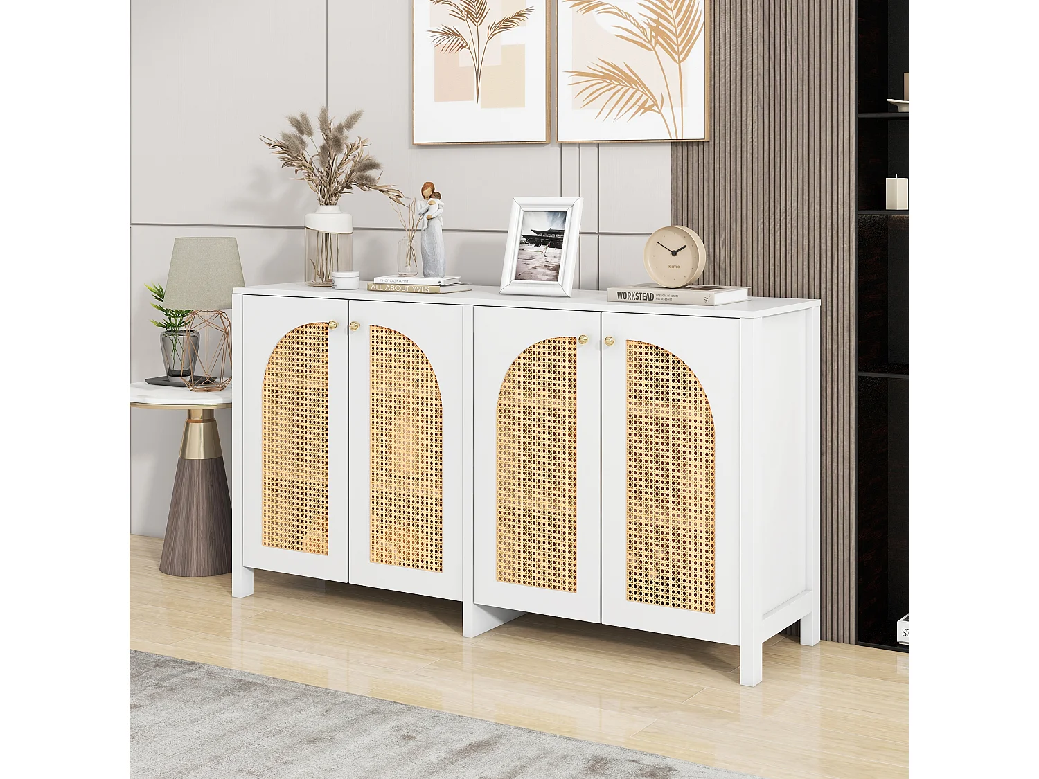Komoda z 4 drzwiami rattanowymi - 145 x 40 x 80 cm - drewno MDF i płyta wiórowa - kolor biały + dąb 3430023 - obrazek 1