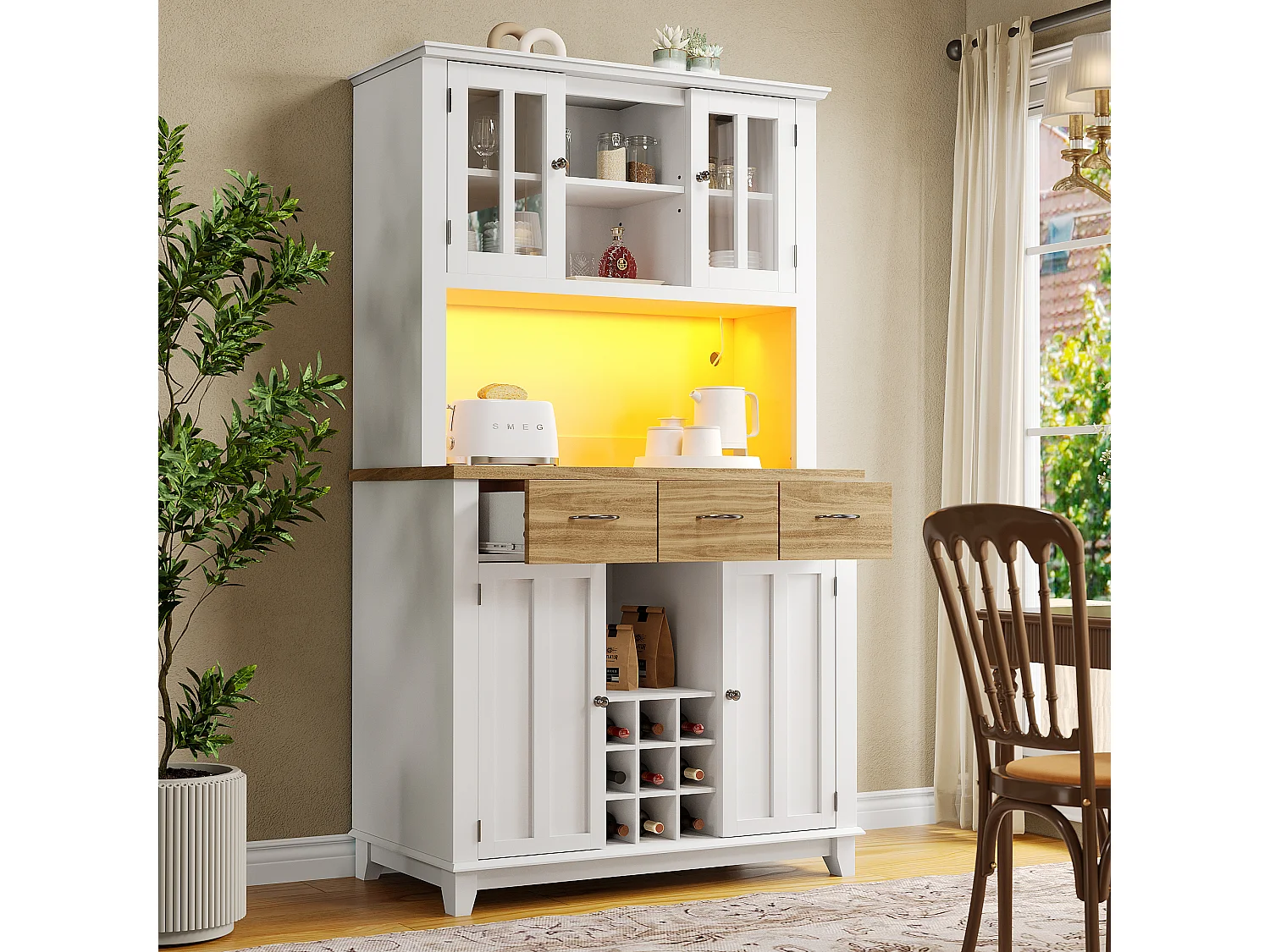 Komoda wysoka z 4 drzwiami, 3 szufladami i regałem na 9 butelek wina - 106 x 40 x 179,5 cm - LED - drewno MDF - do kuchni - Biały + naturalny 3466056 - obrazek 1