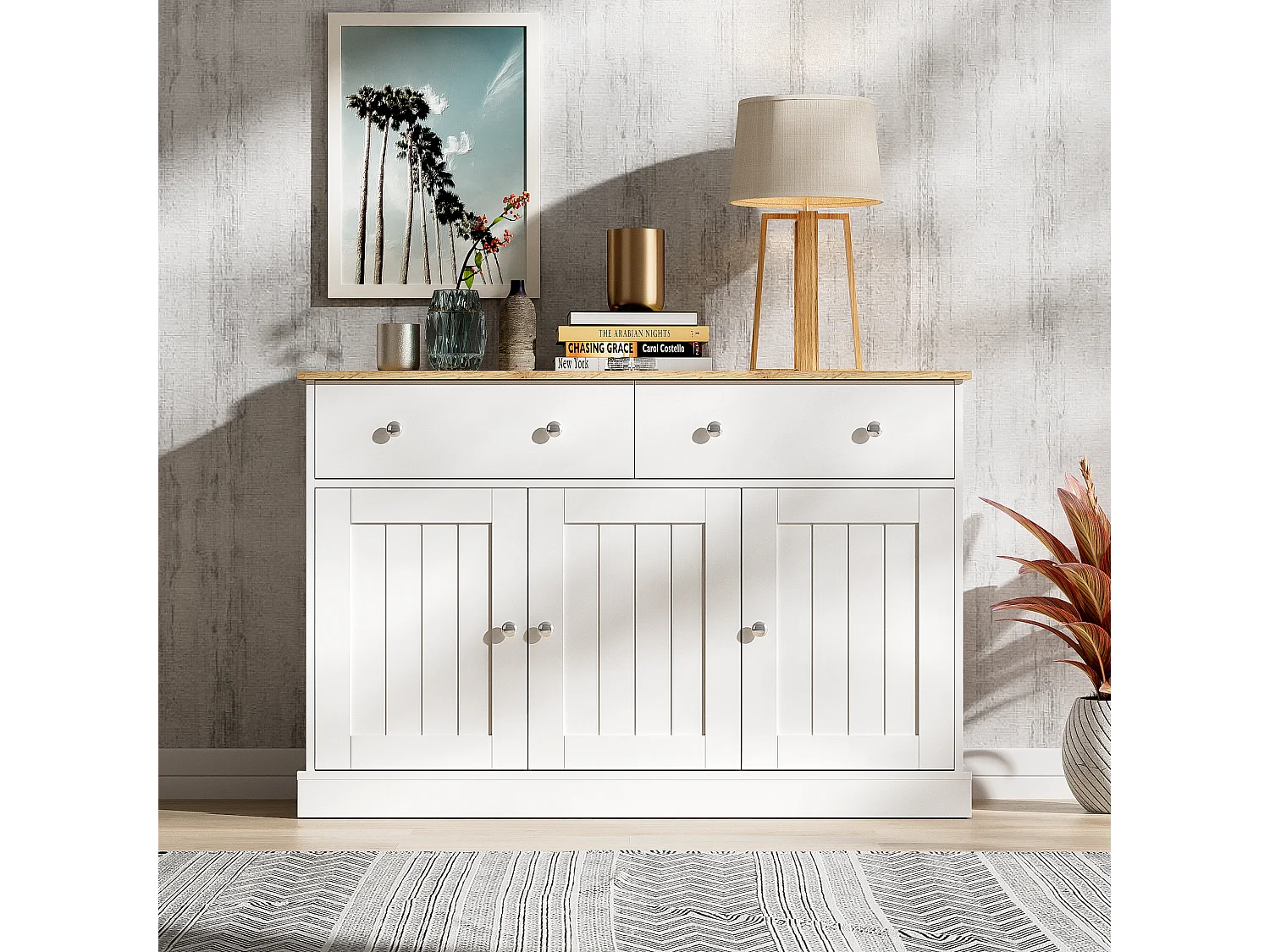 Komoda niska z 3 drzwiami i 2 szufladami - 120 x 36 x 80,5 cm - Płyta wiórowa - Biały + naturalny 3466058 - obrazek 1