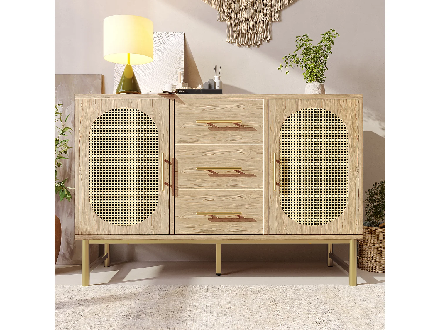 Komoda z 3 szufladami i 2 drzwiami rattanowymi - 120 x 40 x 74 cm - Regulowane półki - Płyta wiórowa - Dąb 3508811 - obrazek 1